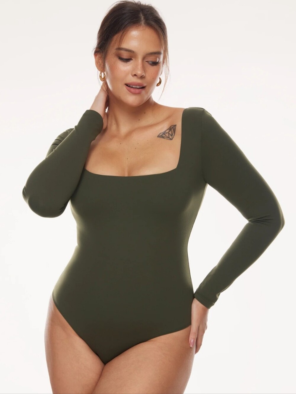Lizette Collection ✨️ Women's Olive Green Long Sleeve Squar Neck Bodysuit Size M